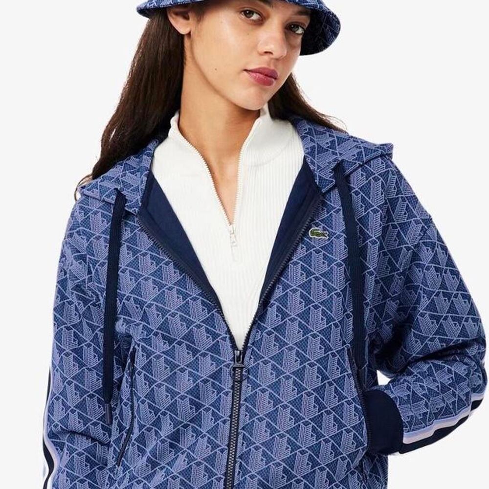 Lacoste Blue Geometric Print with Streetwear Stripes Hoodie Jacket Small
